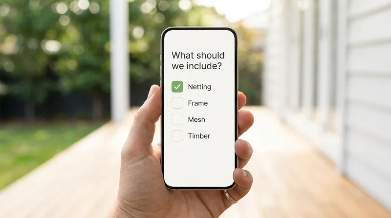The phone showing a short checklist, with Netting ticked and Frame, Mesh and Timber below it.