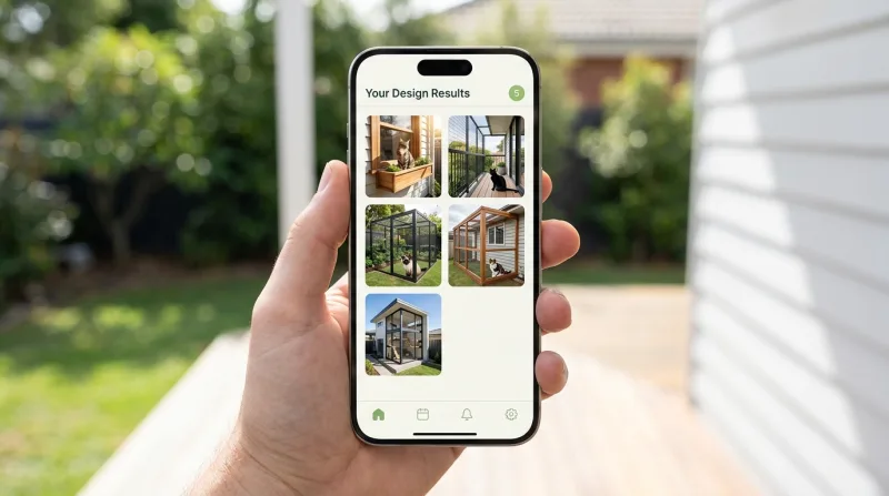 The phone showing five custom catio design concepts returned as a grid of photos.