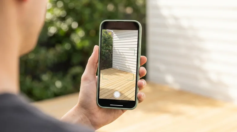 A hand holding a phone, photographing an empty deck-and-wall corner of a backyard where a catio could go.